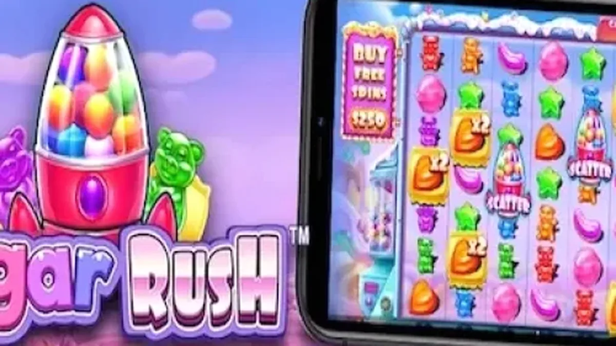 Tampilan visual ceria dari slot Sugar Rush dengan simbol permen warna-warni.