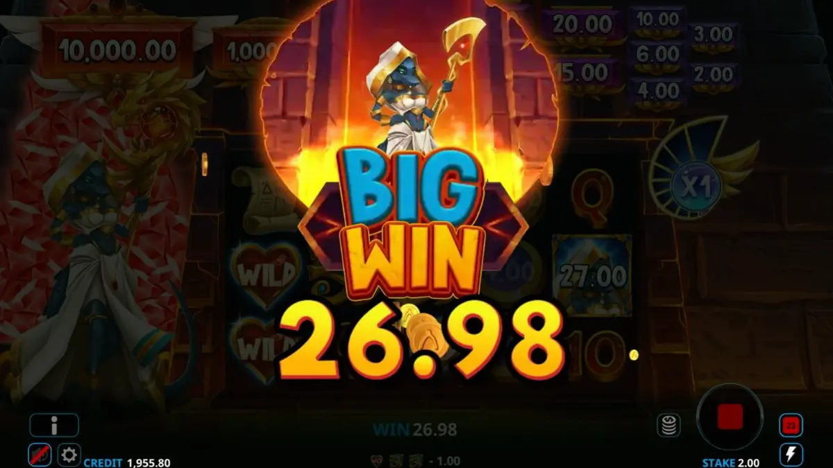 Tampilan visual slot Ammit Hellfire dengan karakter dewi Mesir dan gulungan penuh simbol emas.