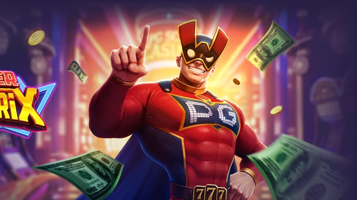 Tampilan visual slot Super Wildrix dengan tema pahlawan super neon